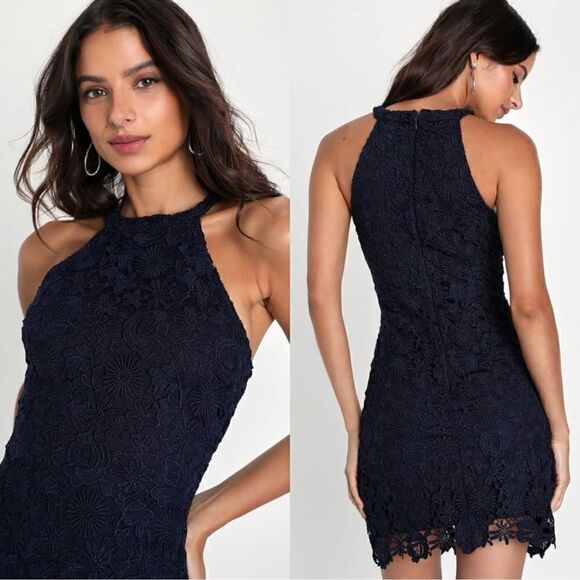 Lulu’s Love Poem NWT Navy Blue Lace Floral Mini Dress Size Medium - Picture 3 of 14